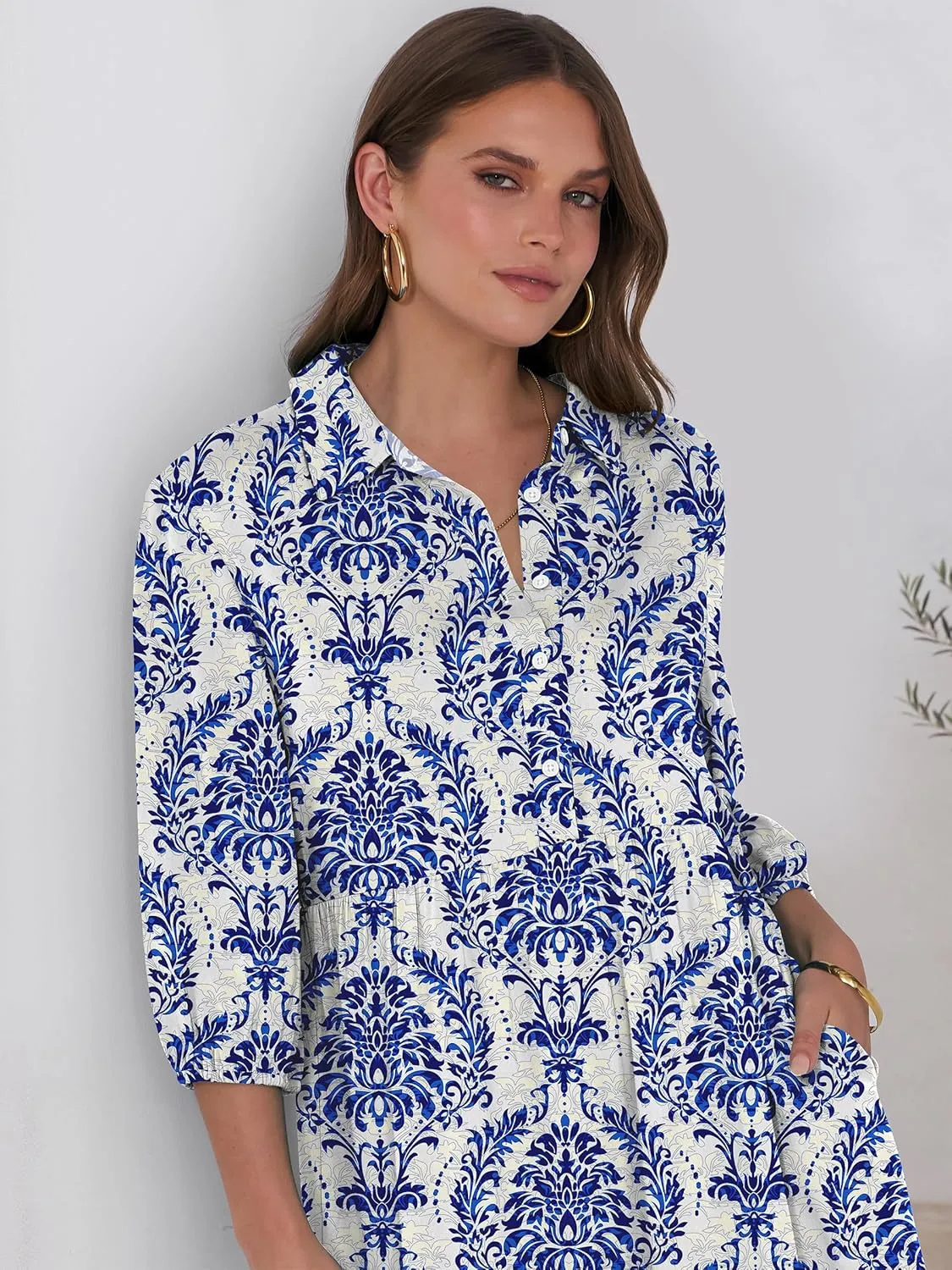 ANRABESS Women Casual 3/4 Puff Sleeve Polo V Neck Floral Printed Flowy Swing Loose Summer Boho Maxi Shirt Dresses