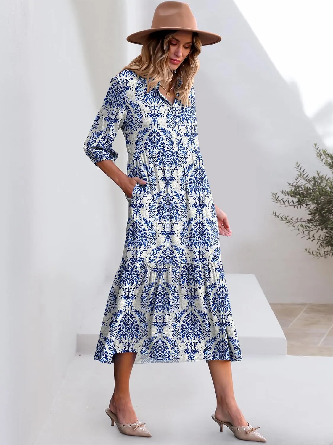 ANRABESS Women Casual 3/4 Puff Sleeve Polo V Neck Floral Printed Flowy Swing Loose Summer Boho Maxi Shirt Dresses