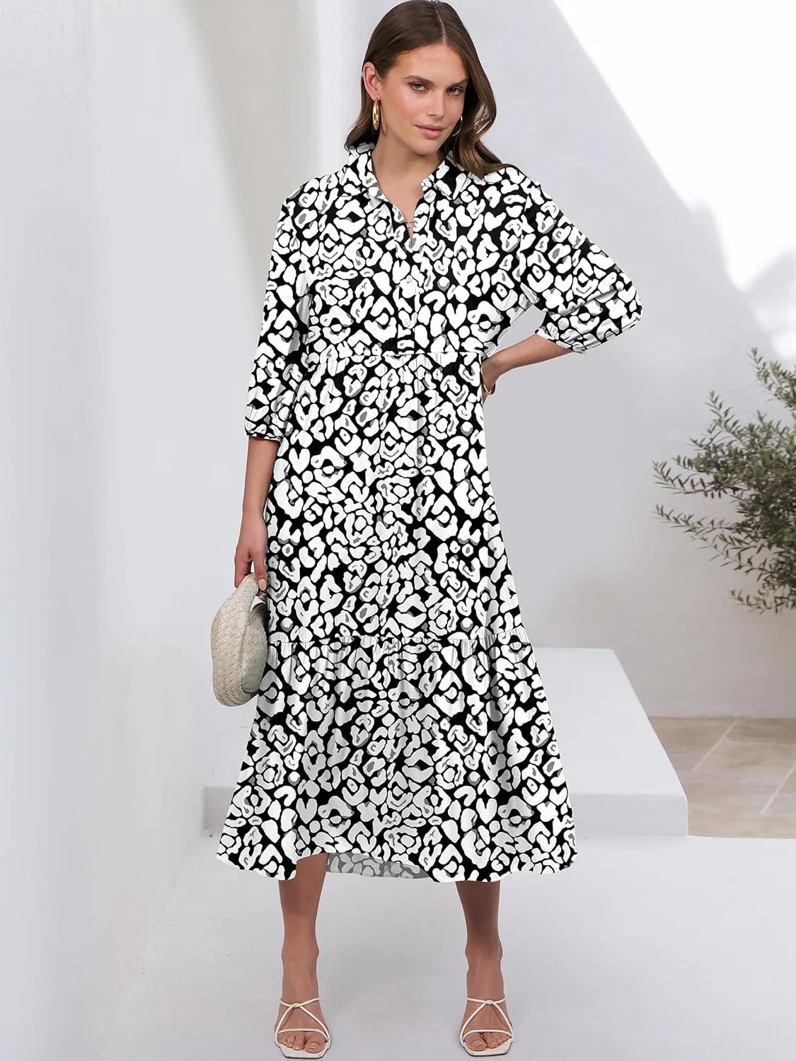 ANRABESS Women Casual 3/4 Puff Sleeve Polo V Neck Floral Printed Flowy Swing Loose Summer Boho Maxi Shirt Dresses