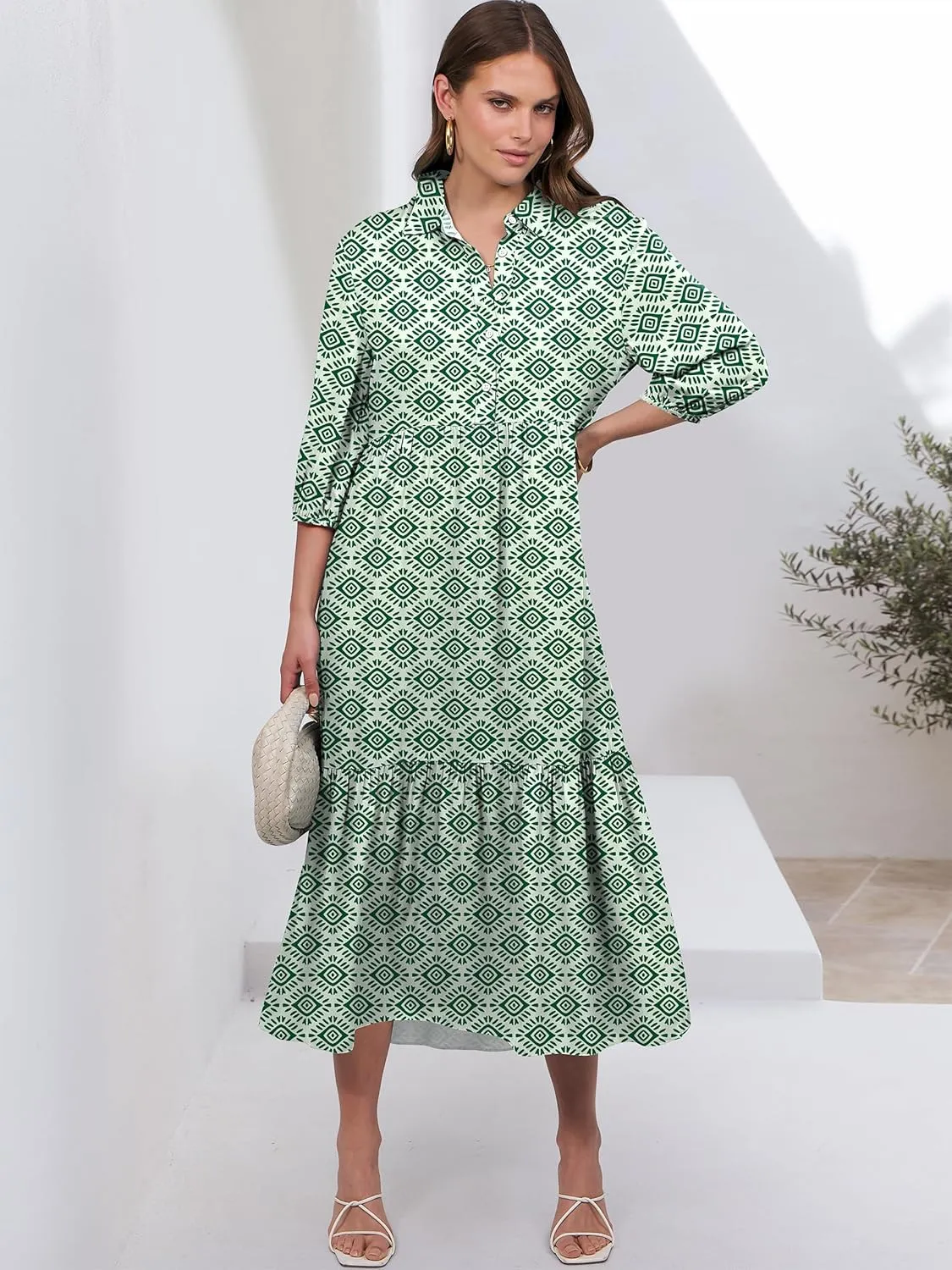 ANRABESS Women Casual 3/4 Puff Sleeve Polo V Neck Floral Printed Flowy Swing Loose Summer Boho Maxi Shirt Dresses