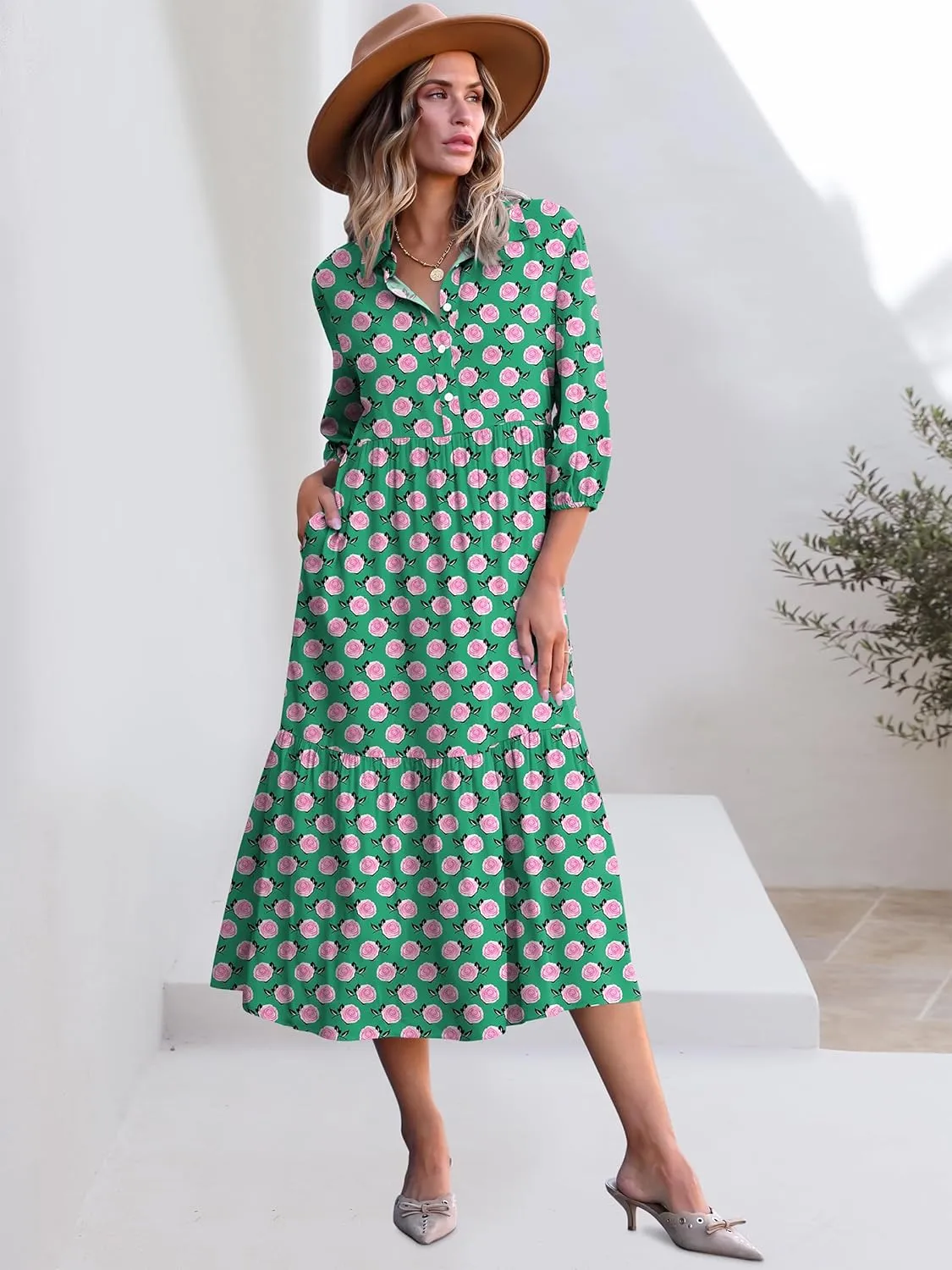 ANRABESS Women Casual 3/4 Puff Sleeve Polo V Neck Floral Printed Flowy Swing Loose Summer Boho Maxi Shirt Dresses
