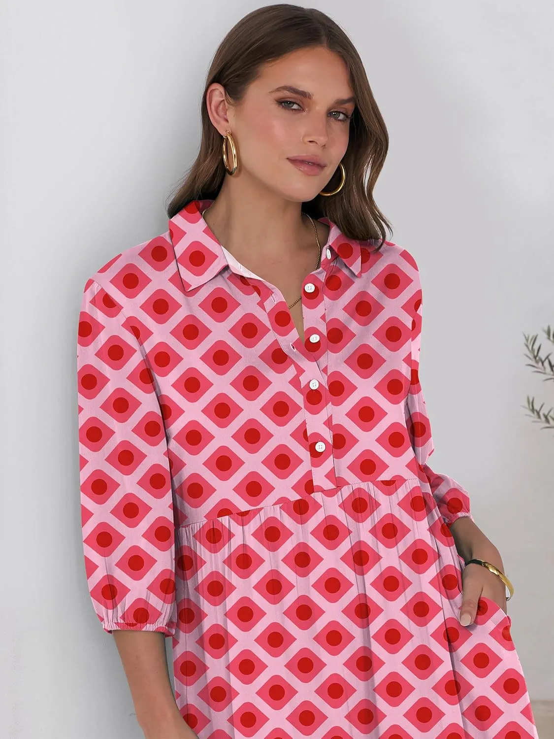 ANRABESS Women Casual 3/4 Puff Sleeve Polo V Neck Floral Printed Flowy Swing Loose Summer Boho Maxi Shirt Dresses