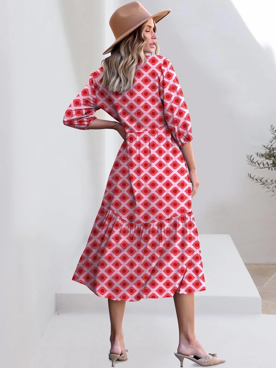 ANRABESS Women Casual 3/4 Puff Sleeve Polo V Neck Floral Printed Flowy Swing Loose Summer Boho Maxi Shirt Dresses