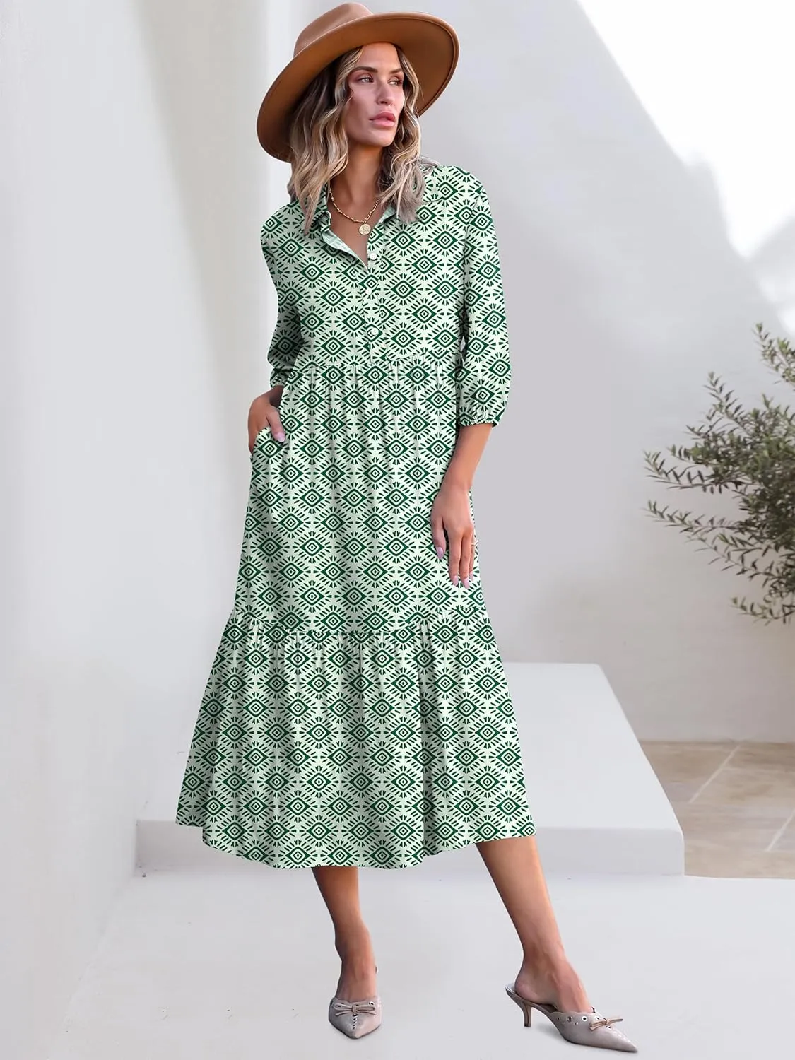 ANRABESS Women Casual 3/4 Puff Sleeve Polo V Neck Floral Printed Flowy Swing Loose Summer Boho Maxi Shirt Dresses