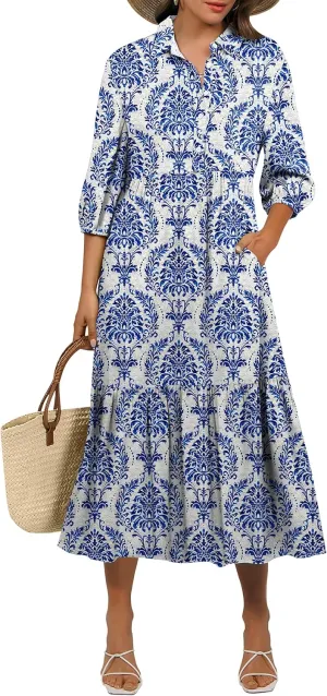 ANRABESS Women Casual 3/4 Puff Sleeve Polo V Neck Floral Printed Flowy Swing Loose Summer Boho Maxi Shirt Dresses