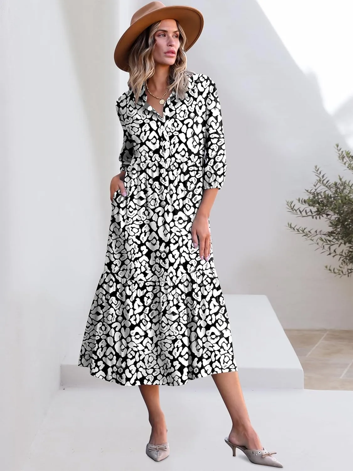 ANRABESS Women Casual 3/4 Puff Sleeve Polo V Neck Floral Printed Flowy Swing Loose Summer Boho Maxi Shirt Dresses