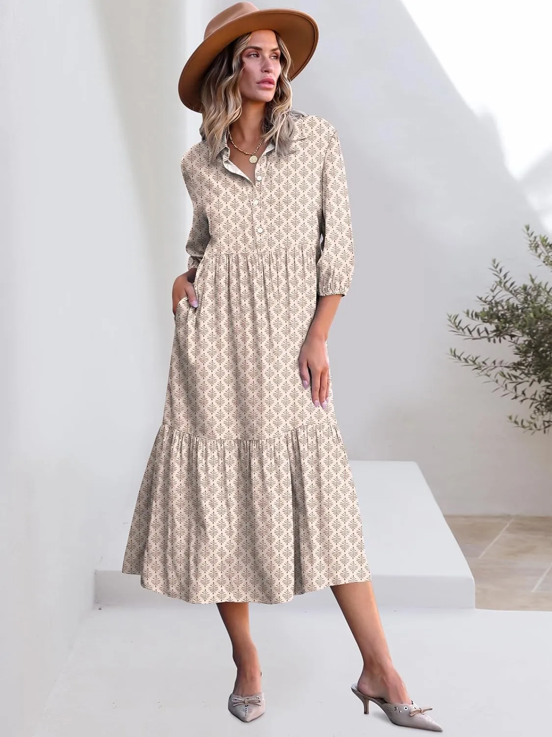 ANRABESS Women Casual 3/4 Puff Sleeve Polo V Neck Floral Printed Flowy Swing Loose Summer Boho Maxi Shirt Dresses