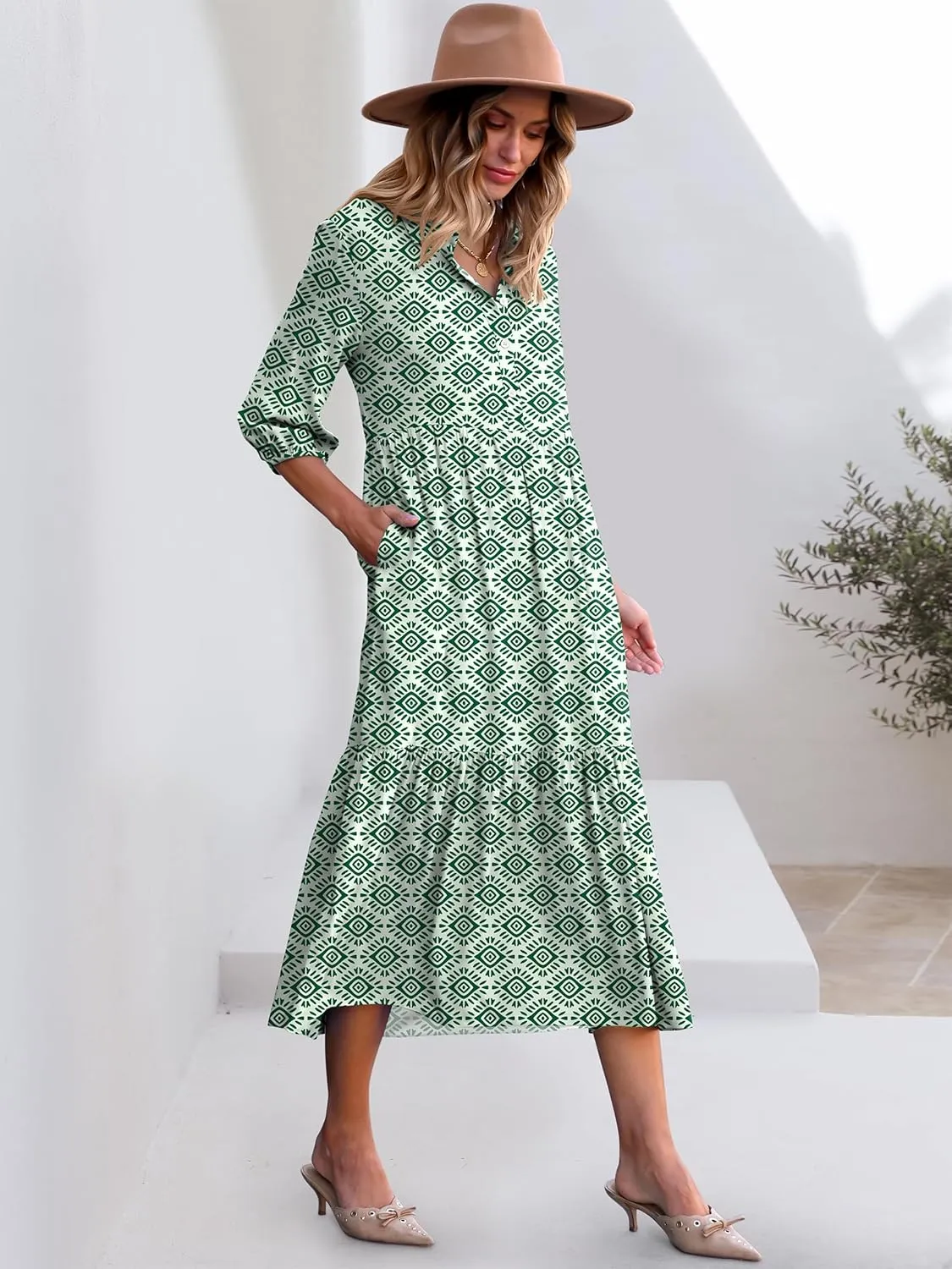 ANRABESS Women Casual 3/4 Puff Sleeve Polo V Neck Floral Printed Flowy Swing Loose Summer Boho Maxi Shirt Dresses