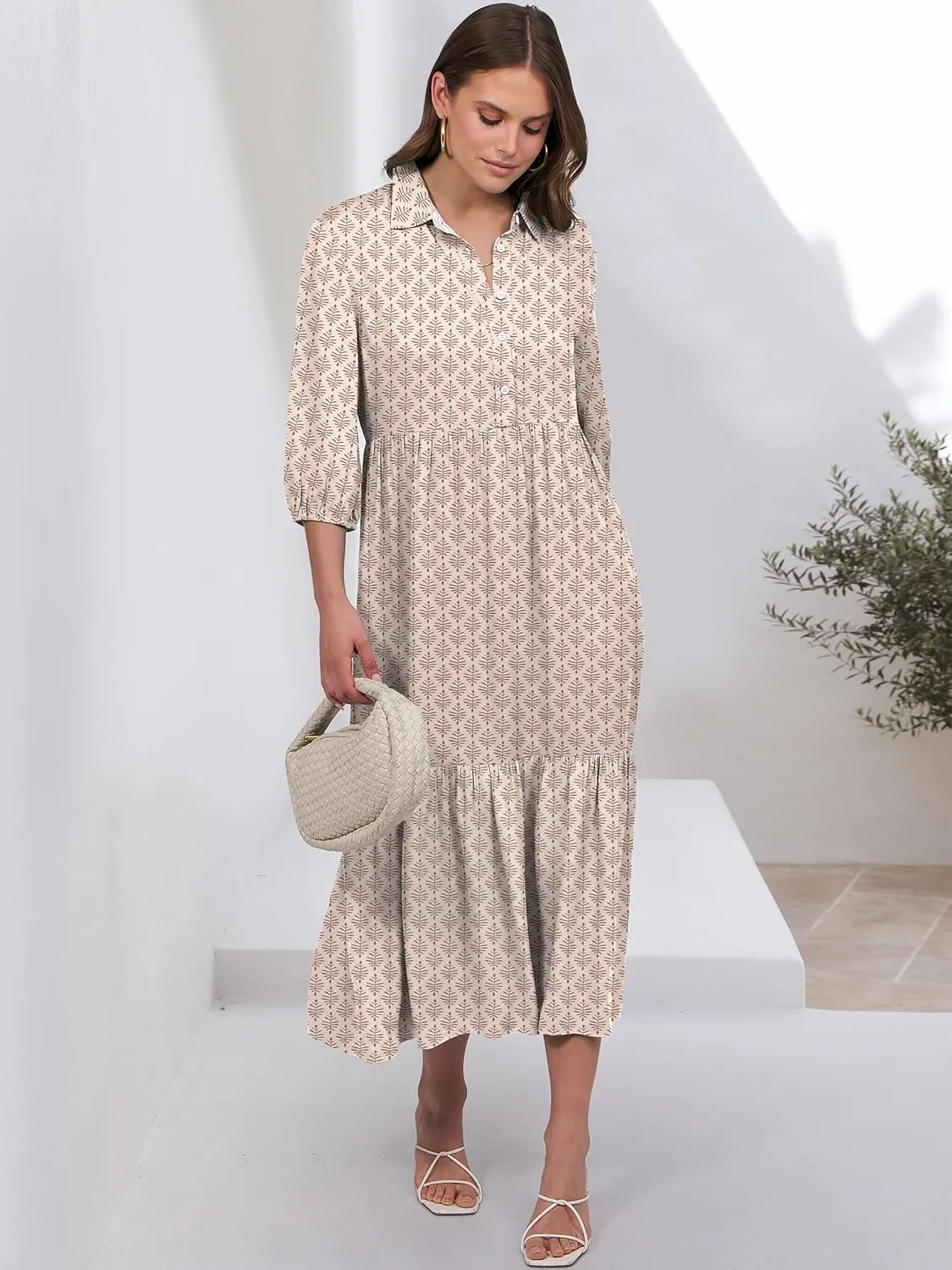 ANRABESS Women Casual 3/4 Puff Sleeve Polo V Neck Floral Printed Flowy Swing Loose Summer Boho Maxi Shirt Dresses