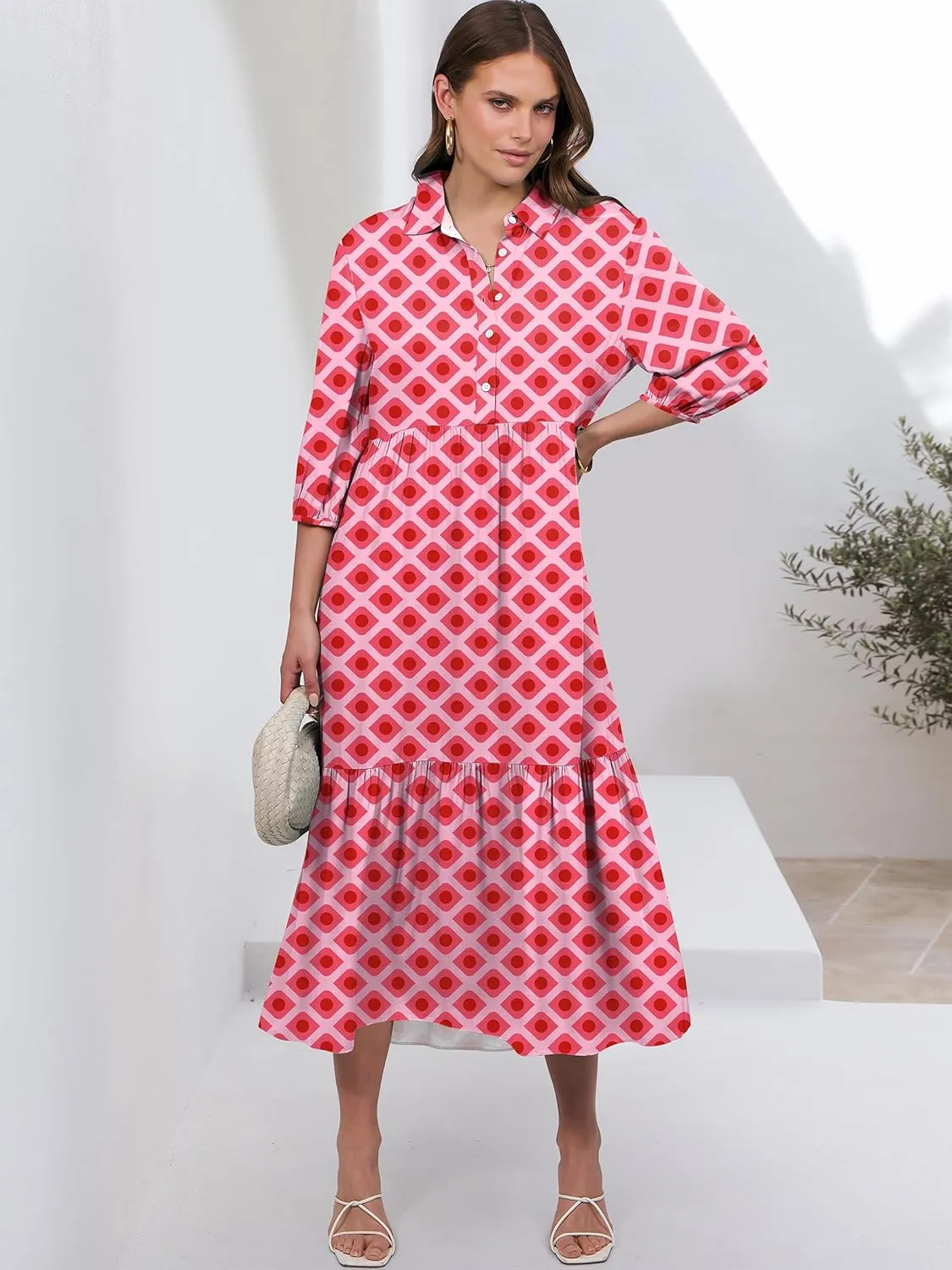 ANRABESS Women Casual 3/4 Puff Sleeve Polo V Neck Floral Printed Flowy Swing Loose Summer Boho Maxi Shirt Dresses