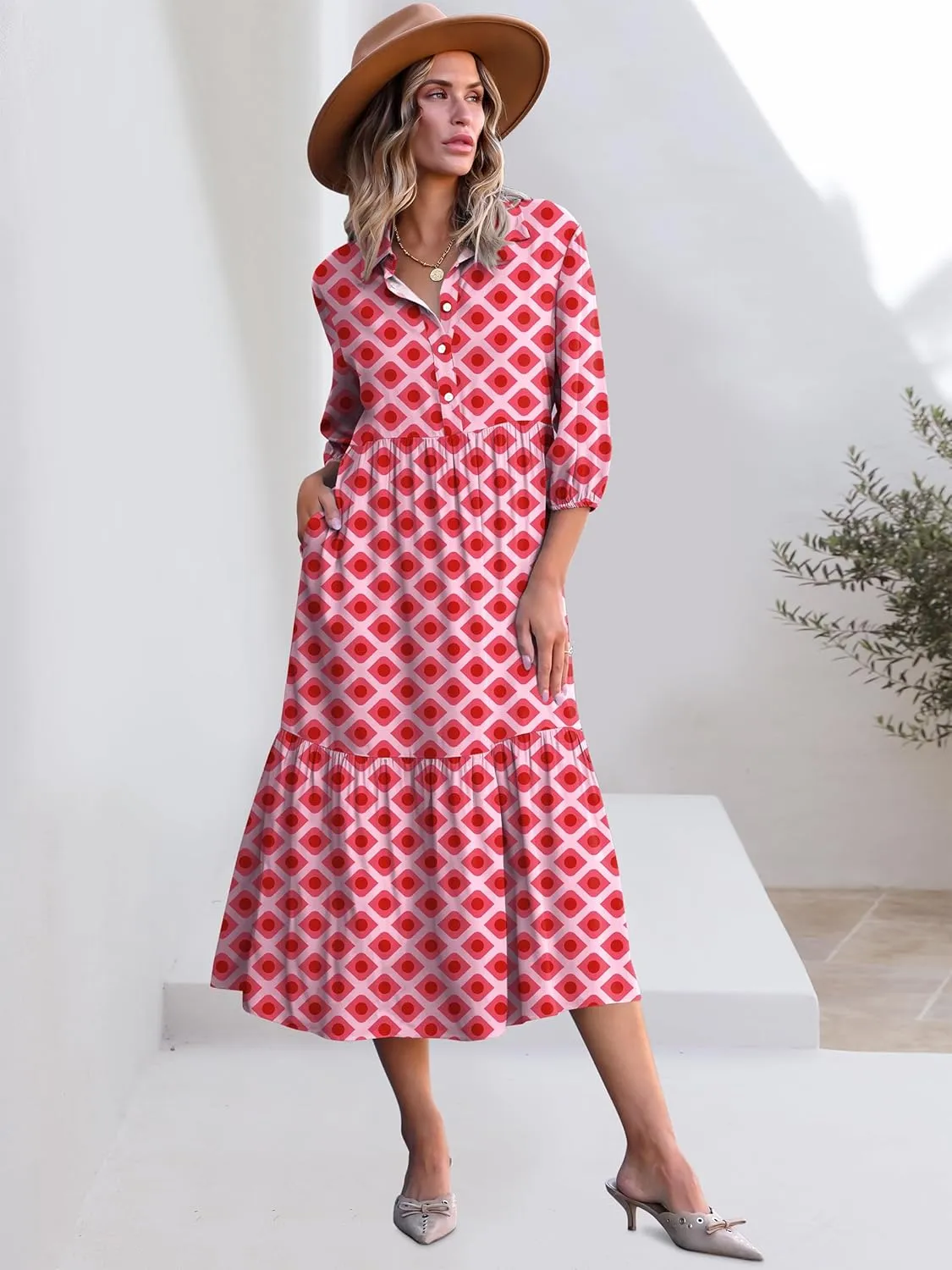 ANRABESS Women Casual 3/4 Puff Sleeve Polo V Neck Floral Printed Flowy Swing Loose Summer Boho Maxi Shirt Dresses