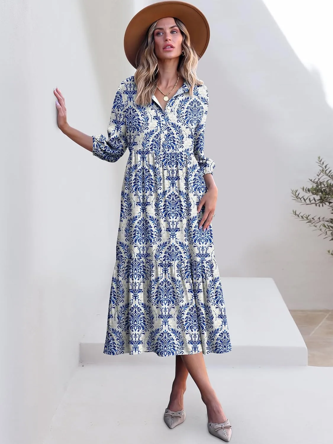 ANRABESS Women Casual 3/4 Puff Sleeve Polo V Neck Floral Printed Flowy Swing Loose Summer Boho Maxi Shirt Dresses