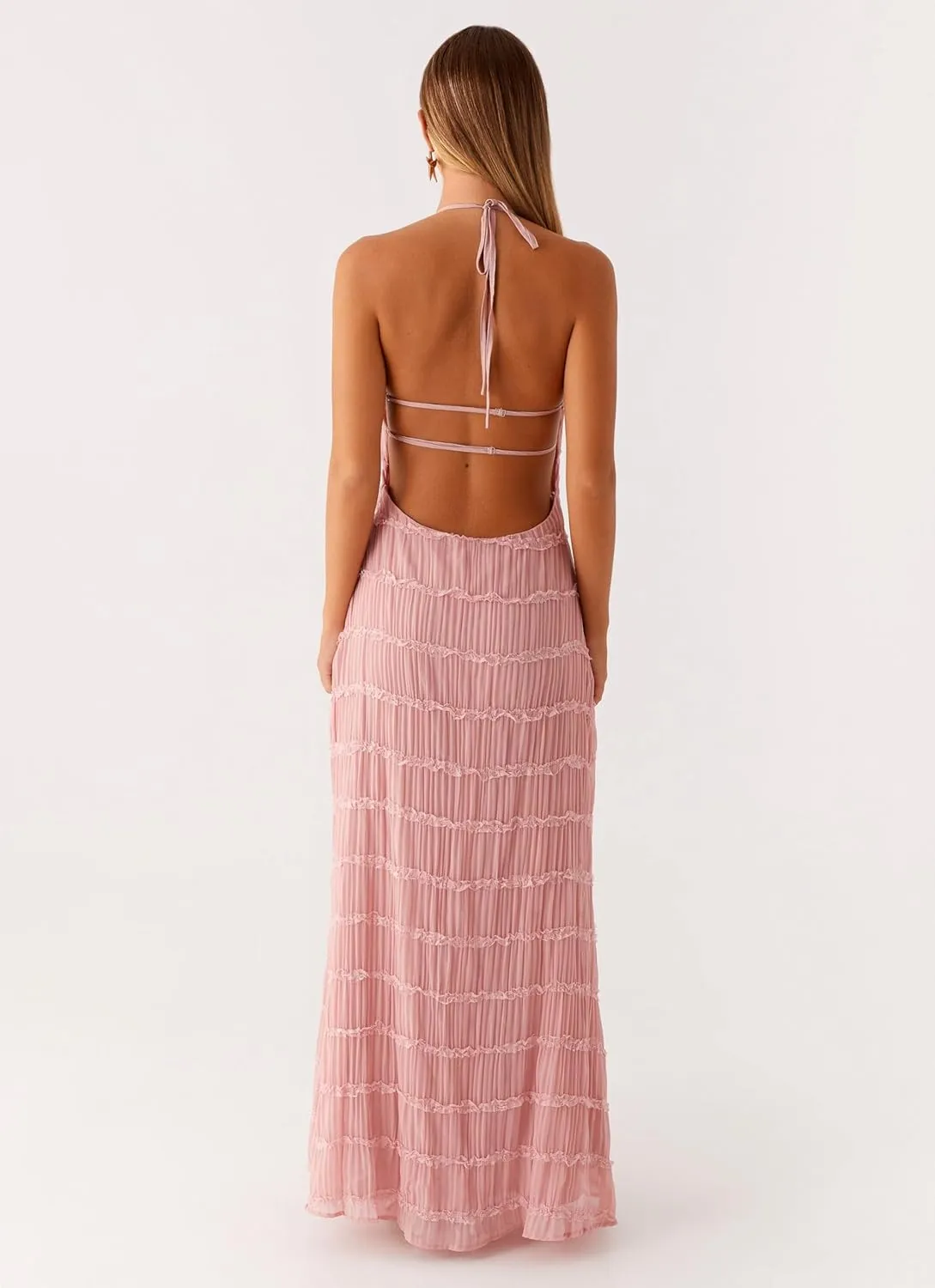Argeousgor Women Halter Neck Backless Summer Dresses 2025 Sleeveless Tiered Ruffle A-Line Flowy Cocktail Party Maxi Dress