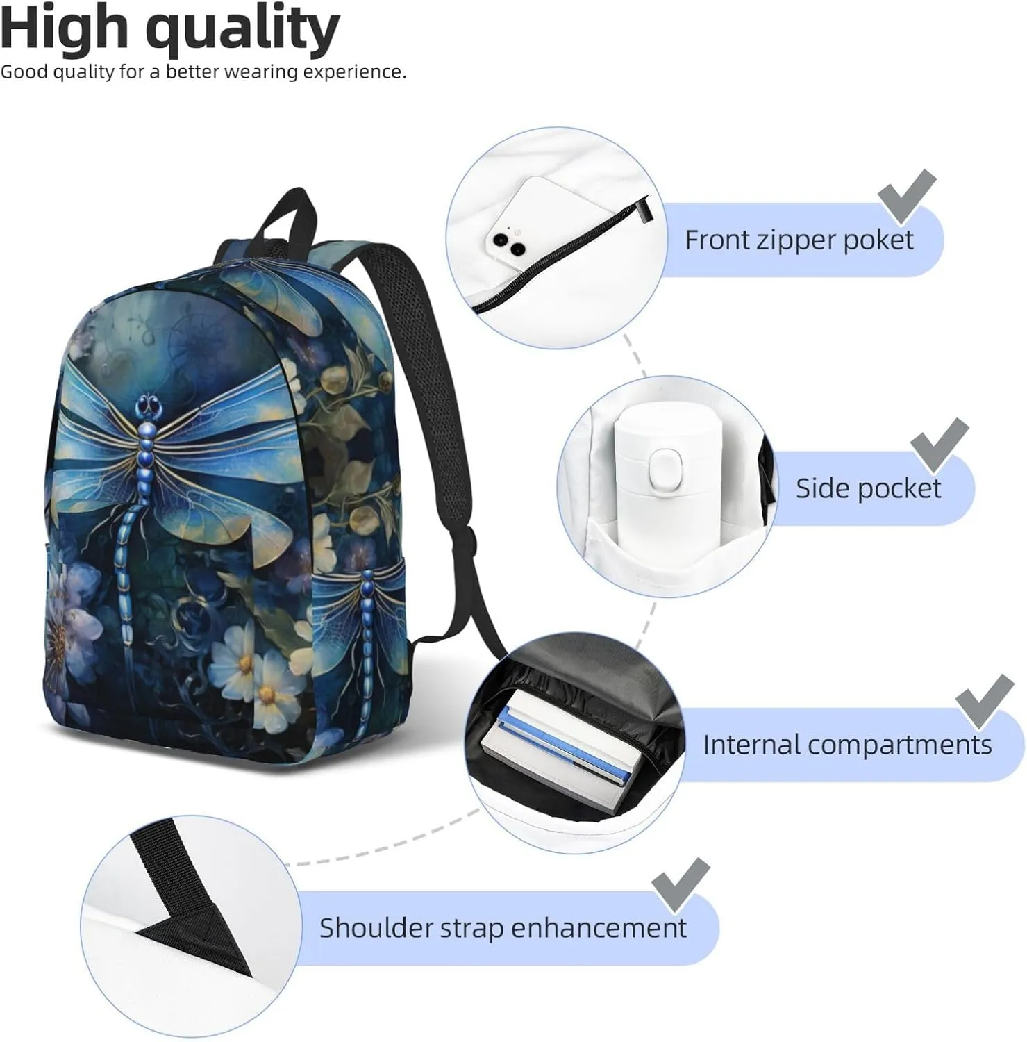 Art Blue Dragonfly Print Versatile Backpack Travel Backpack, Laptop Holder - Casual Daypack 15 In Laptops