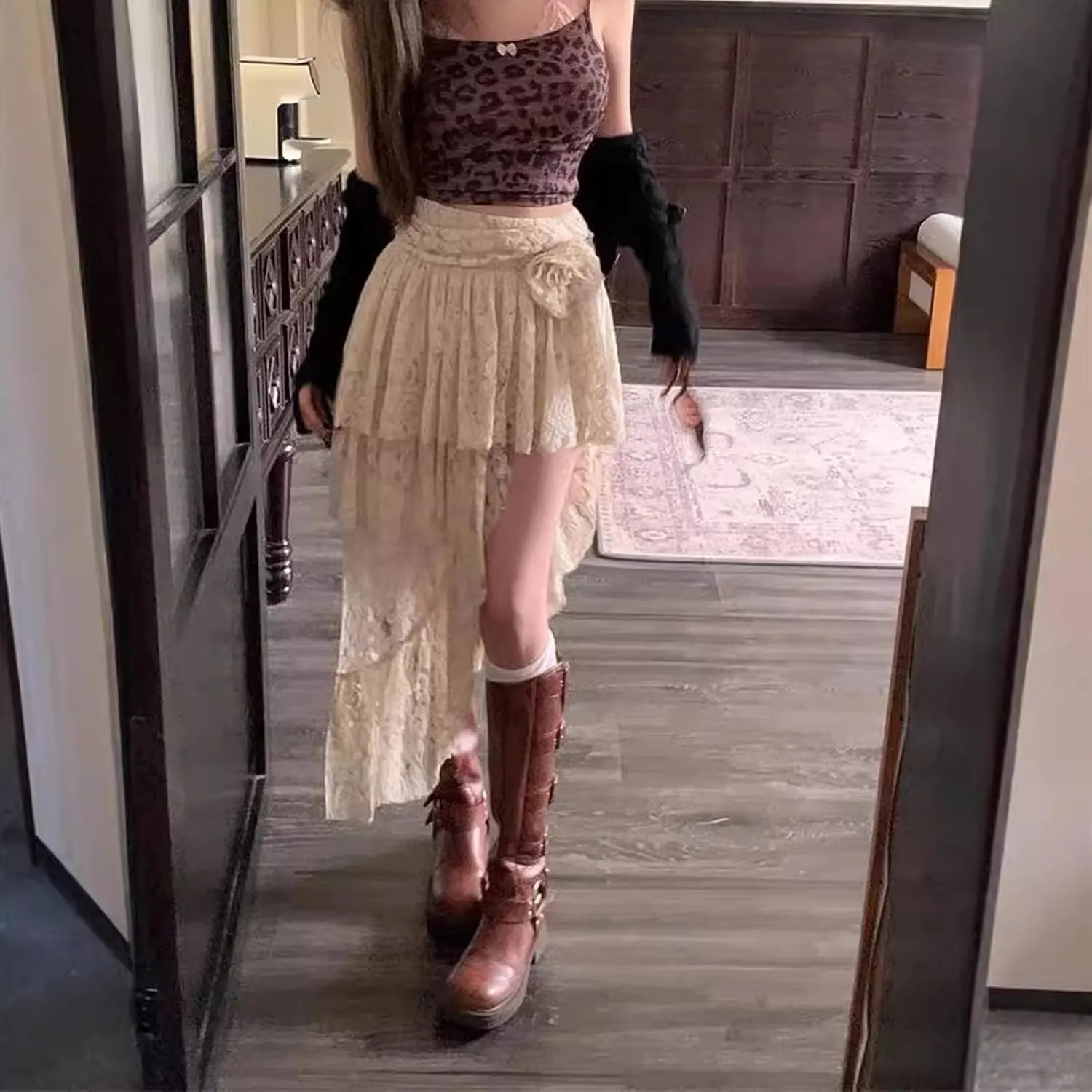 Asymmetrical Lace Fairy Skirt for Women Pleated Romantic Flower Waist Y2k Layered Flowy Midi Skirts