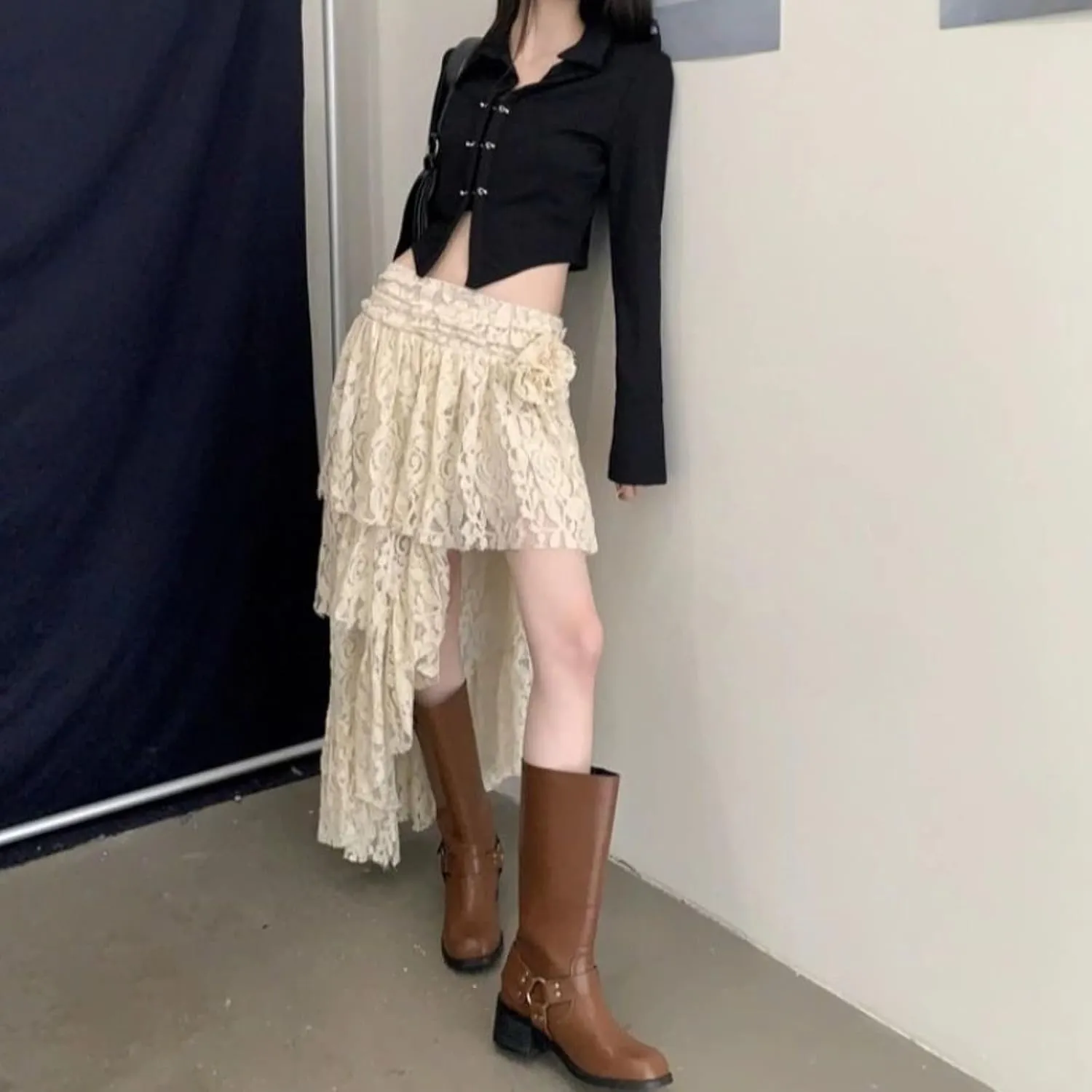 Asymmetrical Lace Fairy Skirt for Women Pleated Romantic Flower Waist Y2k Layered Flowy Midi Skirts