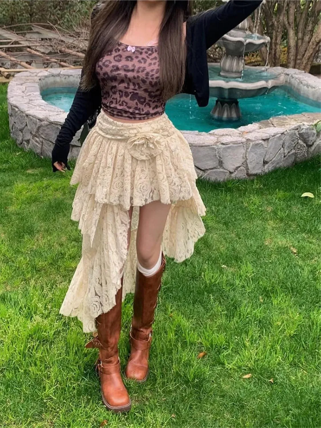 Asymmetrical Lace Fairy Skirt for Women Pleated Romantic Flower Waist Y2k Layered Flowy Midi Skirts
