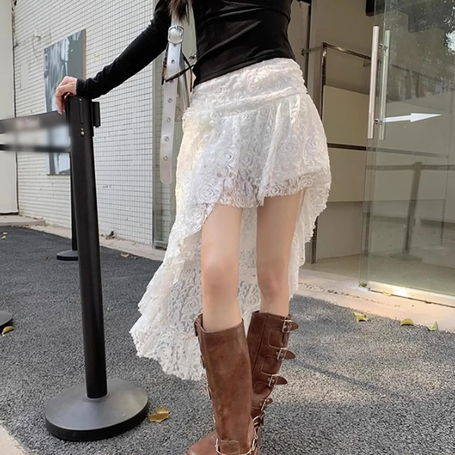 Asymmetrical Lace Fairy Skirt for Women Pleated Romantic Flower Waist Y2k Layered Flowy Midi Skirts