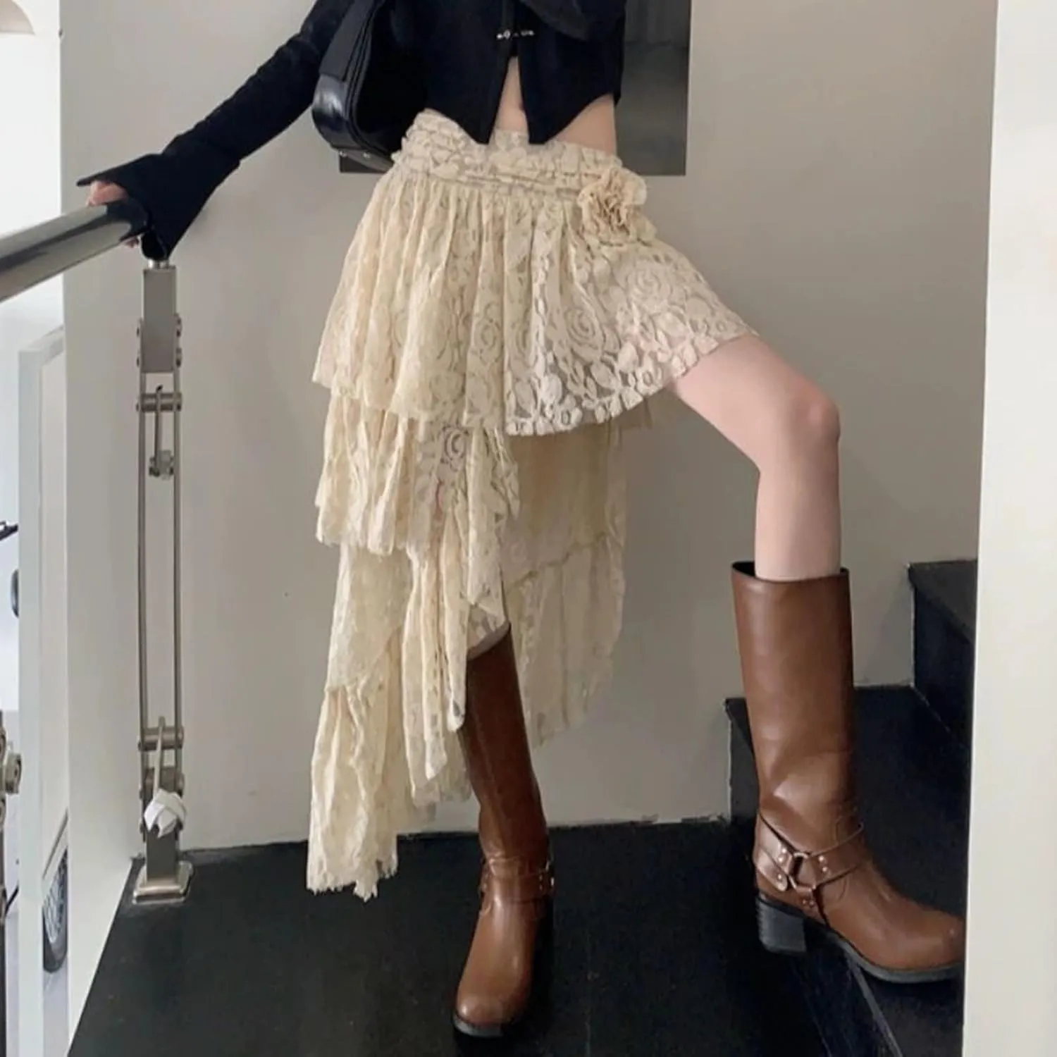 Asymmetrical Lace Fairy Skirt for Women Pleated Romantic Flower Waist Y2k Layered Flowy Midi Skirts
