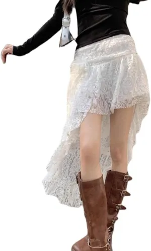 Asymmetrical Lace Fairy Skirt for Women Pleated Romantic Flower Waist Y2k Layered Flowy Midi Skirts