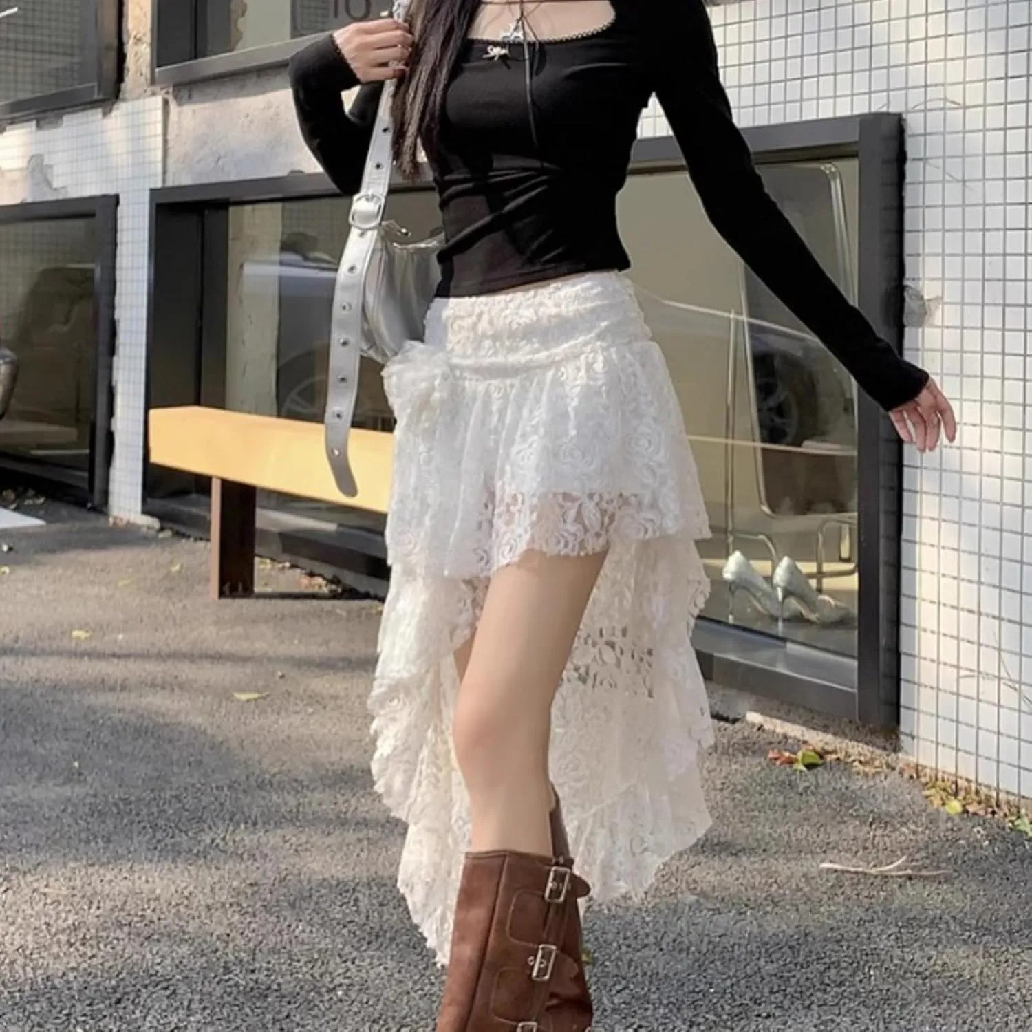 Asymmetrical Lace Fairy Skirt for Women Pleated Romantic Flower Waist Y2k Layered Flowy Midi Skirts