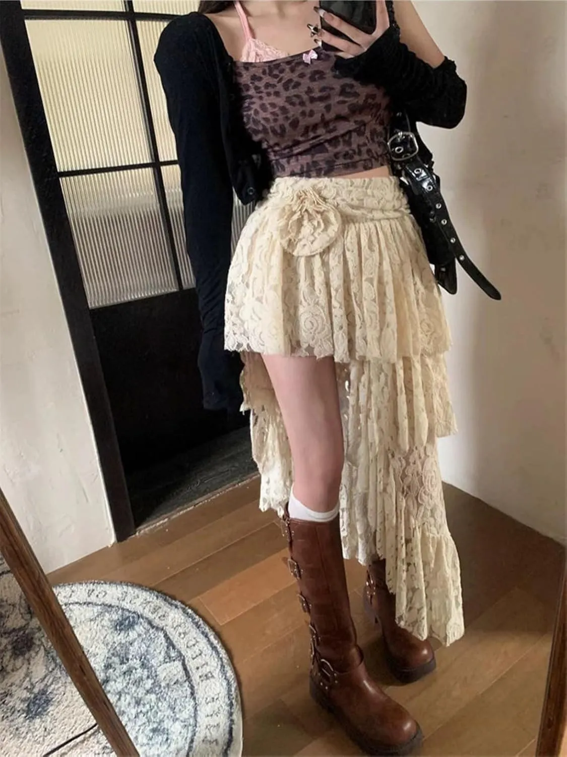 Asymmetrical Lace Fairy Skirt for Women Pleated Romantic Flower Waist Y2k Layered Flowy Midi Skirts