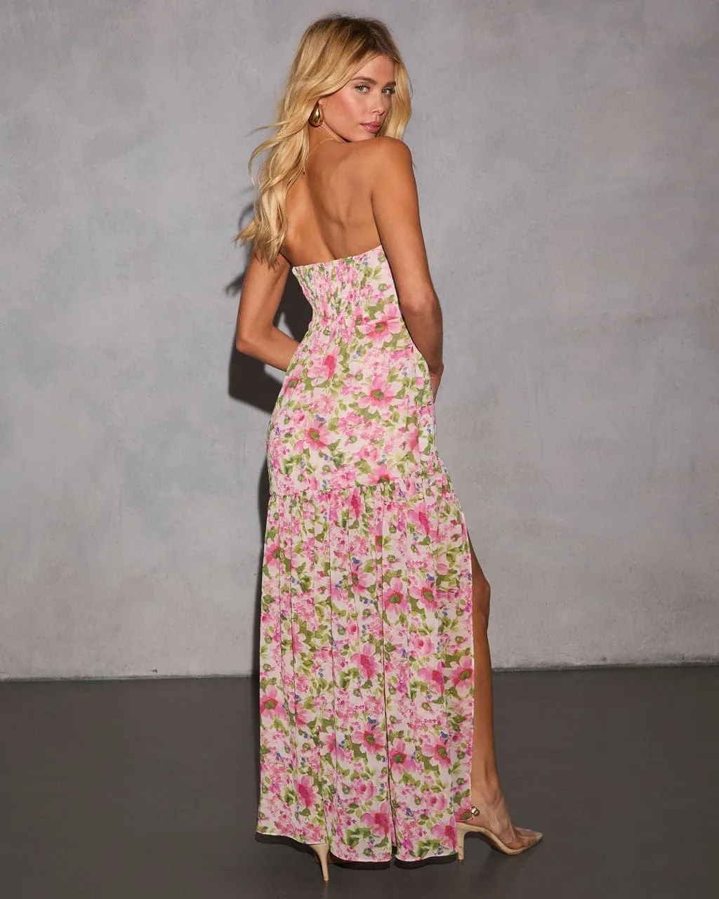 Awoscut Women's Rose Strapless Maxi Dress Sheer Pleated Slit Skirt Long Dresses Going Out Wedding Guest Dress