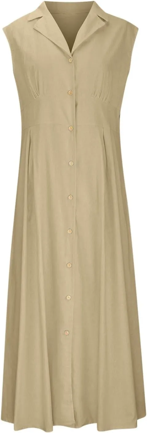 BAXLIMEK Linen Dresses for Women 2025,Summer Trendy Sleeveless Lapel Button Down Dress Flowy Ruched Work Office Maxi Dress