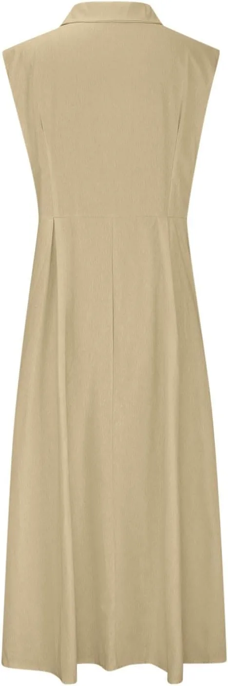 BAXLIMEK Linen Dresses for Women 2025,Summer Trendy Sleeveless Lapel Button Down Dress Flowy Ruched Work Office Maxi Dress