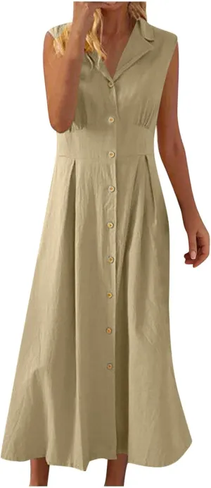 BAXLIMEK Linen Dresses for Women 2025,Summer Trendy Sleeveless Lapel Button Down Dress Flowy Ruched Work Office Maxi Dress