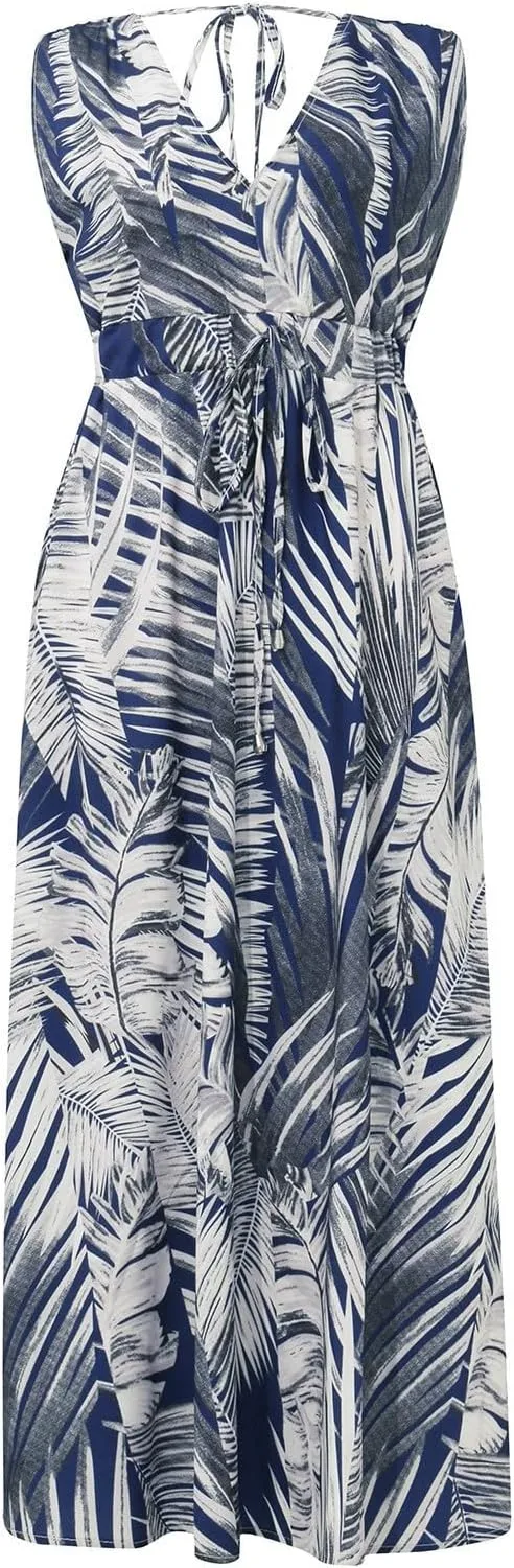 Beach Dresses for Women,2024 Summer Elegant Trendy V Neck Boho Floral Dress,Romantic Flowy Ruched Hawaiian Maxi Dress