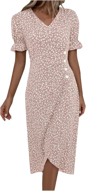 Beach Dresses for Women,2024 Summer Elegant Trendy V Neck Boho Floral Dress,Romantic Flowy Ruched Hawaiian Maxi Dress