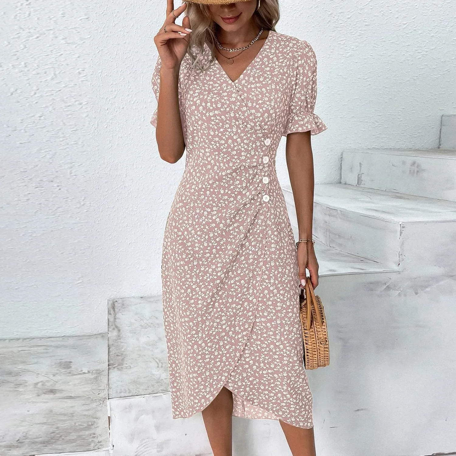 Beach Dresses for Women,2024 Summer Elegant Trendy V Neck Boho Floral Dress,Romantic Flowy Ruched Hawaiian Maxi Dress