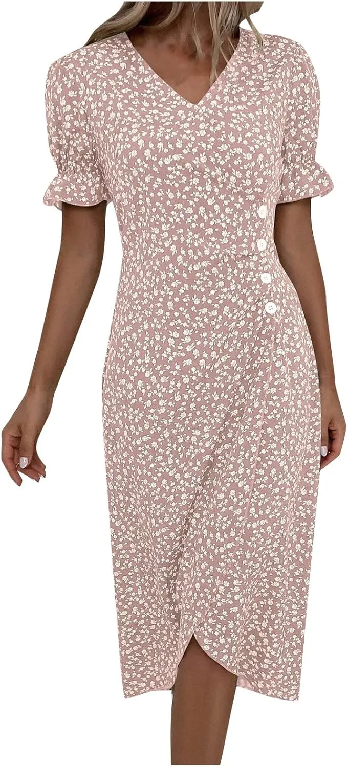 Beach Dresses for Women,2024 Summer Elegant Trendy V Neck Boho Floral Dress,Romantic Flowy Ruched Hawaiian Maxi Dress