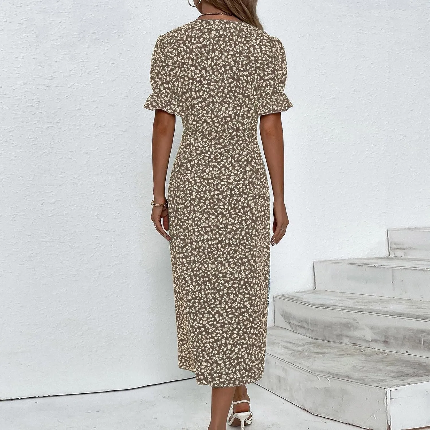 Beach Dresses for Women,2024 Summer Elegant Trendy V Neck Boho Floral Dress,Romantic Flowy Ruched Hawaiian Maxi Dress