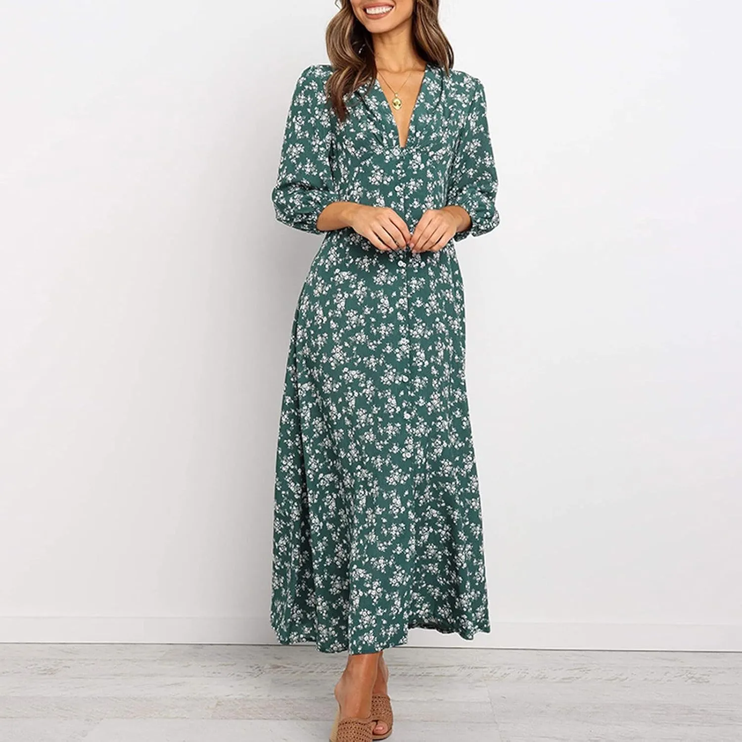 Beach Dresses for Women,2024 Summer Elegant Trendy V Neck Boho Floral Dress,Romantic Flowy Ruched Hawaiian Maxi Dress