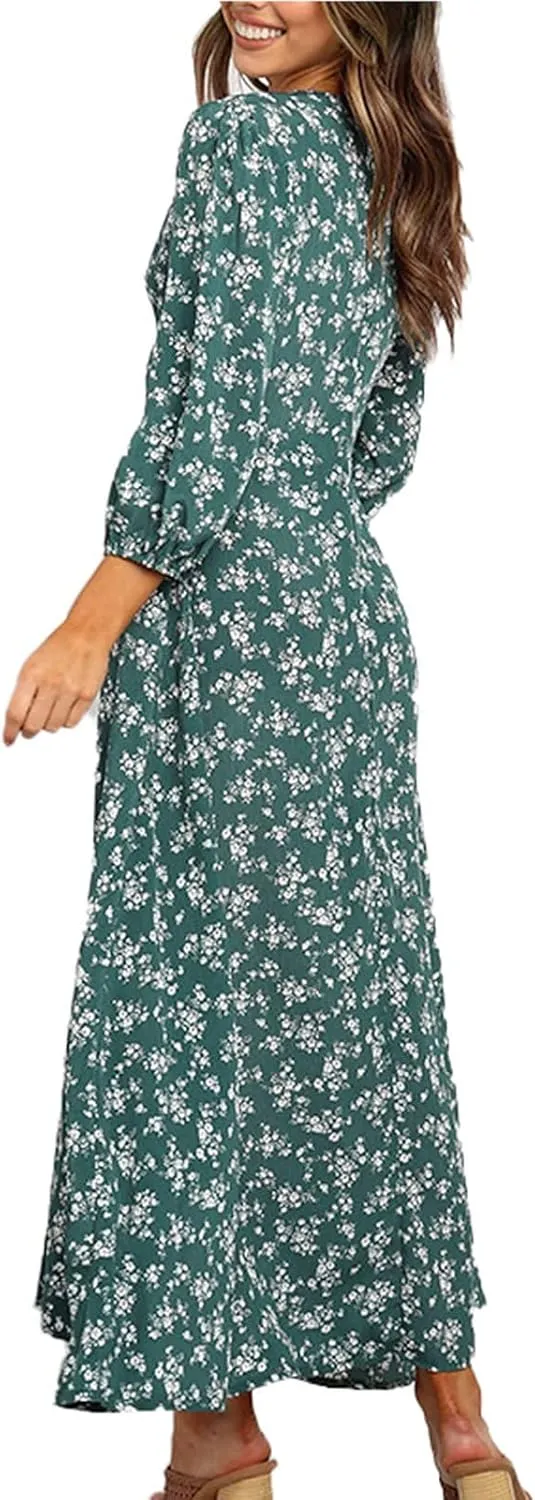 Beach Dresses for Women,2024 Summer Elegant Trendy V Neck Boho Floral Dress,Romantic Flowy Ruched Hawaiian Maxi Dress