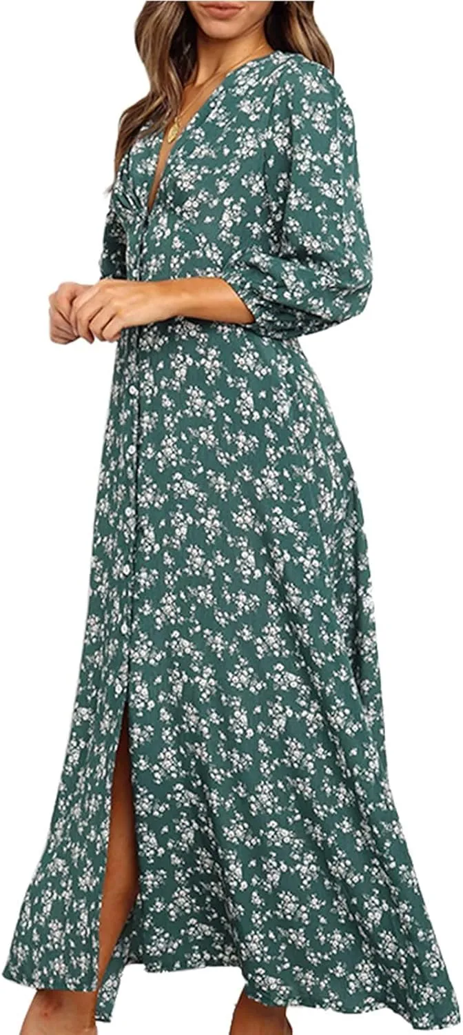 Beach Dresses for Women,2024 Summer Elegant Trendy V Neck Boho Floral Dress,Romantic Flowy Ruched Hawaiian Maxi Dress