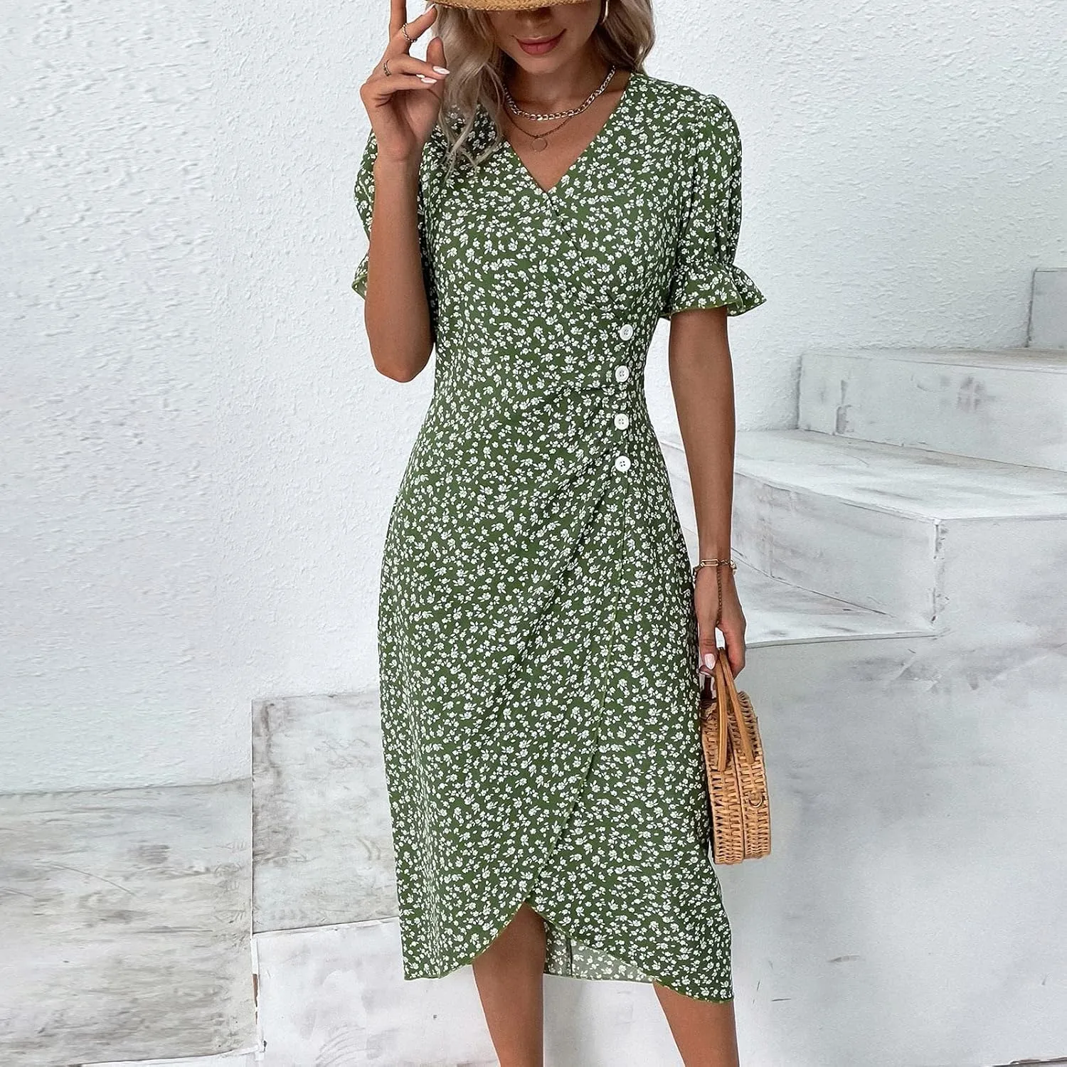 Beach Dresses for Women,2024 Summer Elegant Trendy V Neck Boho Floral Dress,Romantic Flowy Ruched Hawaiian Maxi Dress