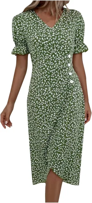 Beach Dresses for Women,2024 Summer Elegant Trendy V Neck Boho Floral Dress,Romantic Flowy Ruched Hawaiian Maxi Dress