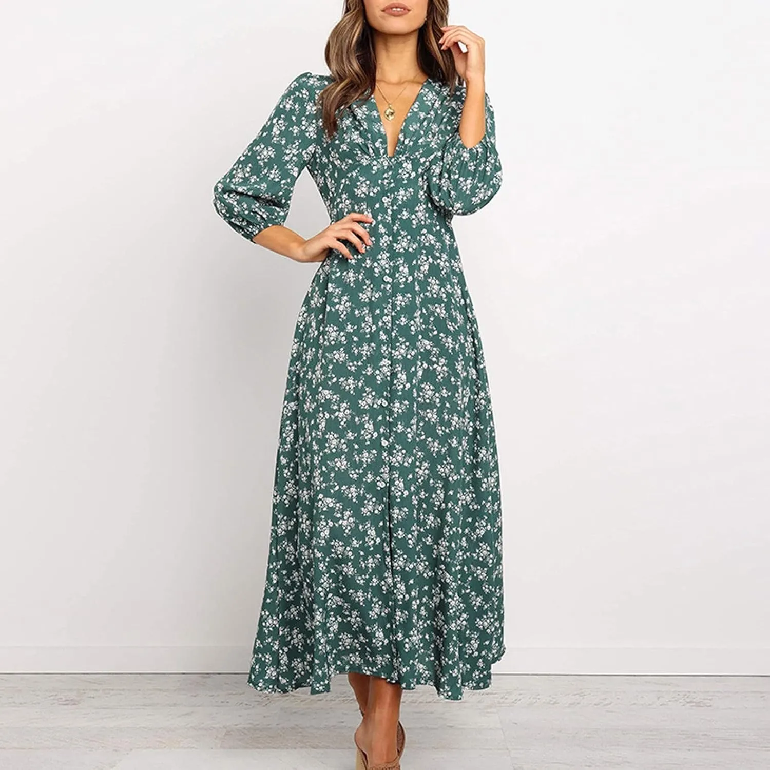 Beach Dresses for Women,2024 Summer Elegant Trendy V Neck Boho Floral Dress,Romantic Flowy Ruched Hawaiian Maxi Dress