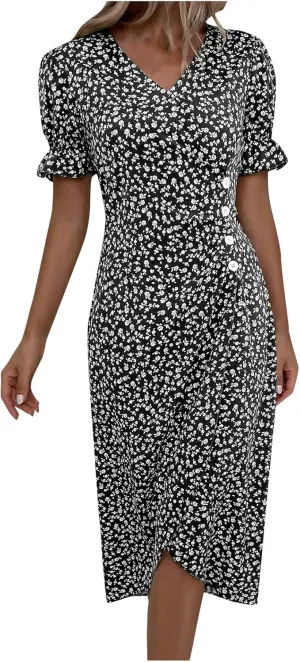 Beach Dresses for Women,2024 Summer Elegant Trendy V Neck Boho Floral Dress,Romantic Flowy Ruched Hawaiian Maxi Dress