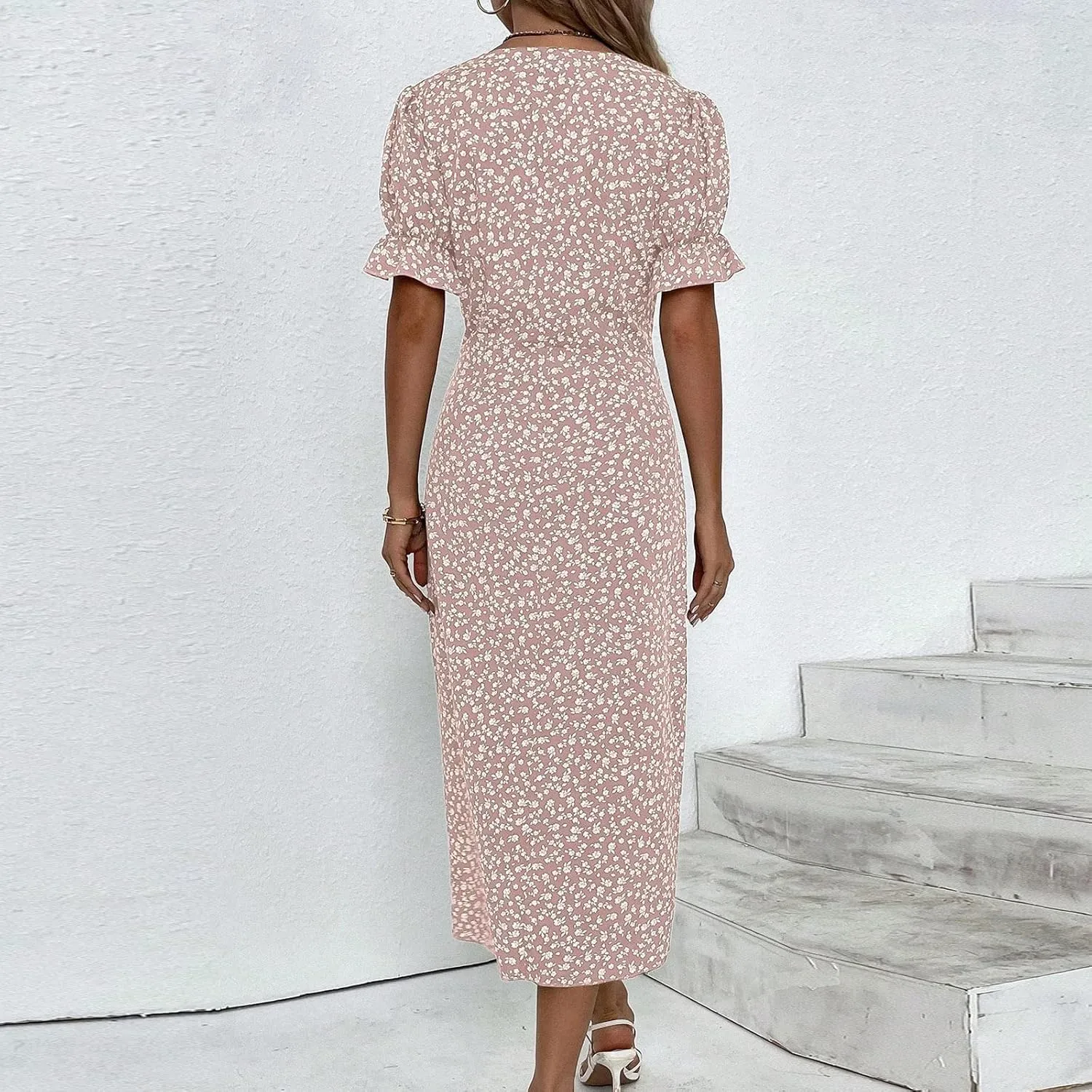 Beach Dresses for Women,2024 Summer Elegant Trendy V Neck Boho Floral Dress,Romantic Flowy Ruched Hawaiian Maxi Dress