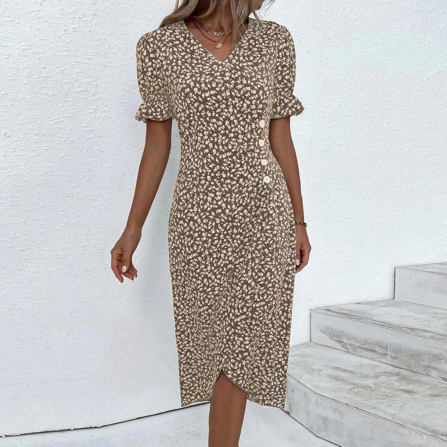 Beach Dresses for Women,2024 Summer Elegant Trendy V Neck Boho Floral Dress,Romantic Flowy Ruched Hawaiian Maxi Dress