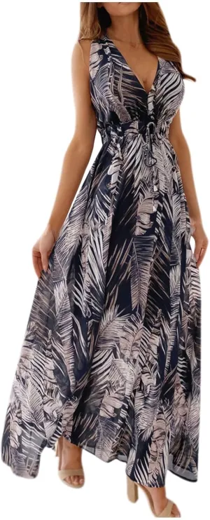 Beach Dresses for Women,2024 Summer Elegant Trendy V Neck Boho Floral Dress,Romantic Flowy Ruched Hawaiian Maxi Dress