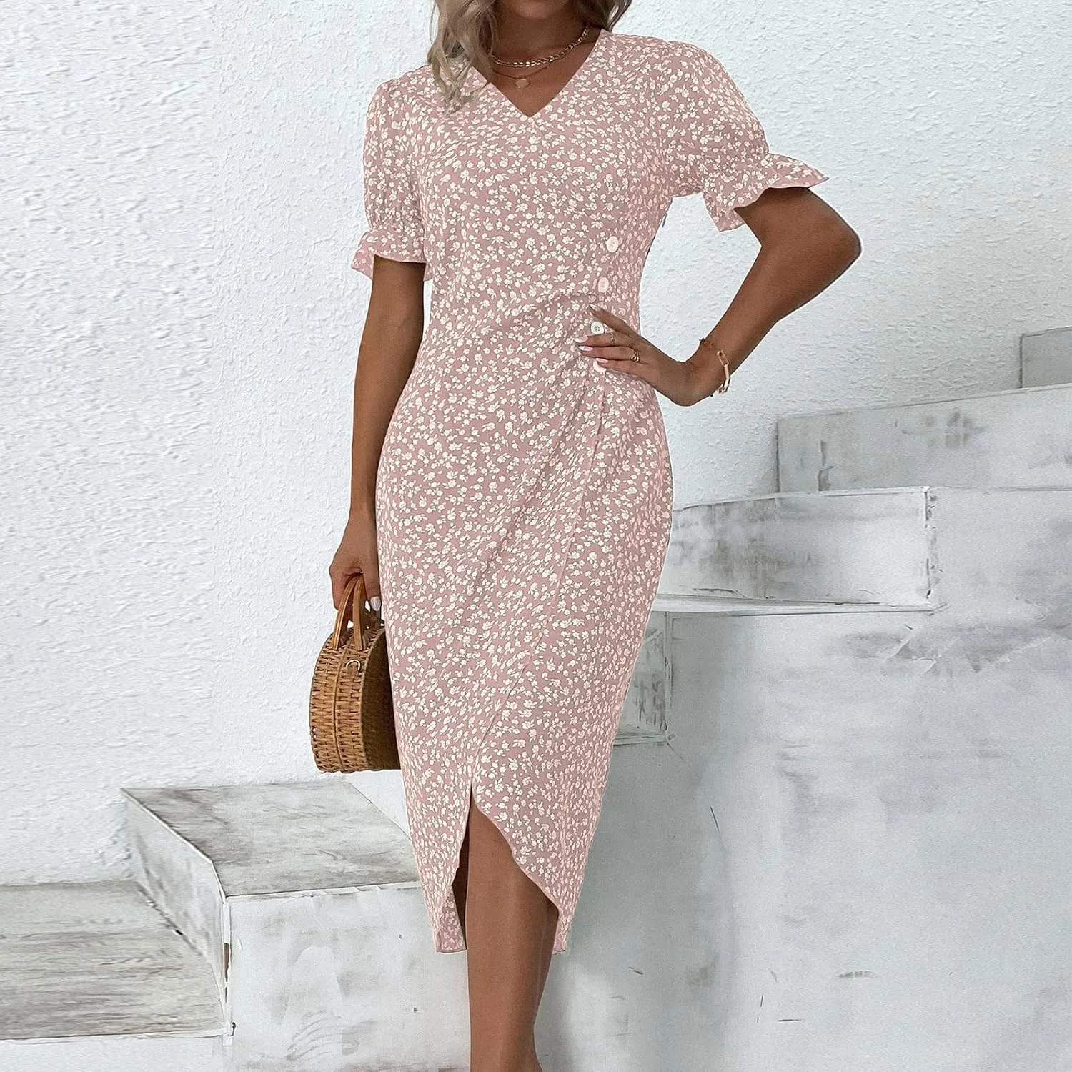 Beach Dresses for Women,2024 Summer Elegant Trendy V Neck Boho Floral Dress,Romantic Flowy Ruched Hawaiian Maxi Dress