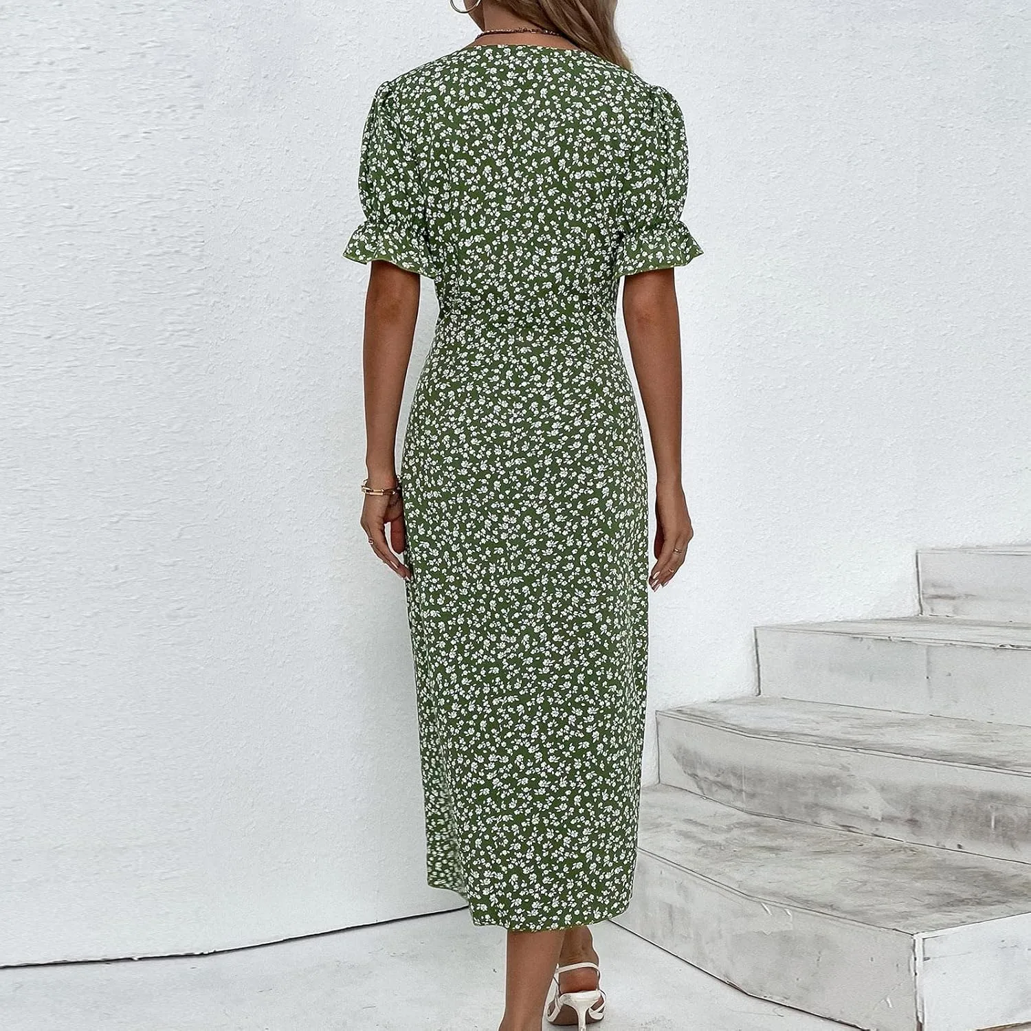 Beach Dresses for Women,2024 Summer Elegant Trendy V Neck Boho Floral Dress,Romantic Flowy Ruched Hawaiian Maxi Dress