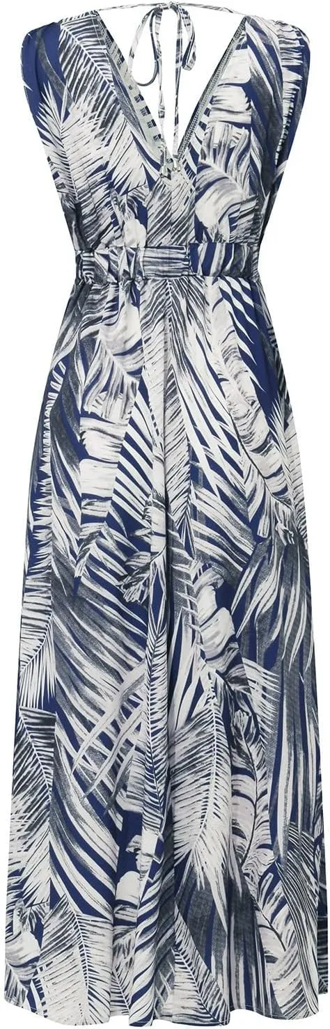 Beach Dresses for Women,2024 Summer Elegant Trendy V Neck Boho Floral Dress,Romantic Flowy Ruched Hawaiian Maxi Dress