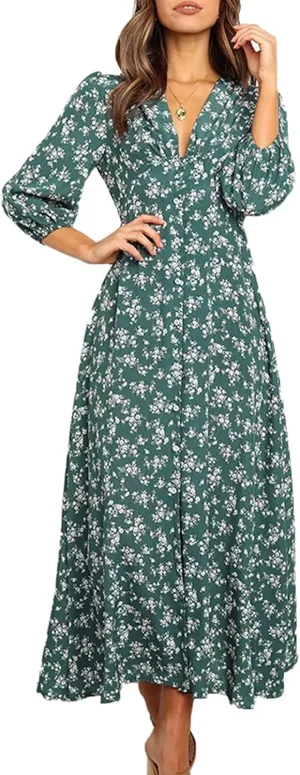 Beach Dresses for Women,2024 Summer Elegant Trendy V Neck Boho Floral Dress,Romantic Flowy Ruched Hawaiian Maxi Dress