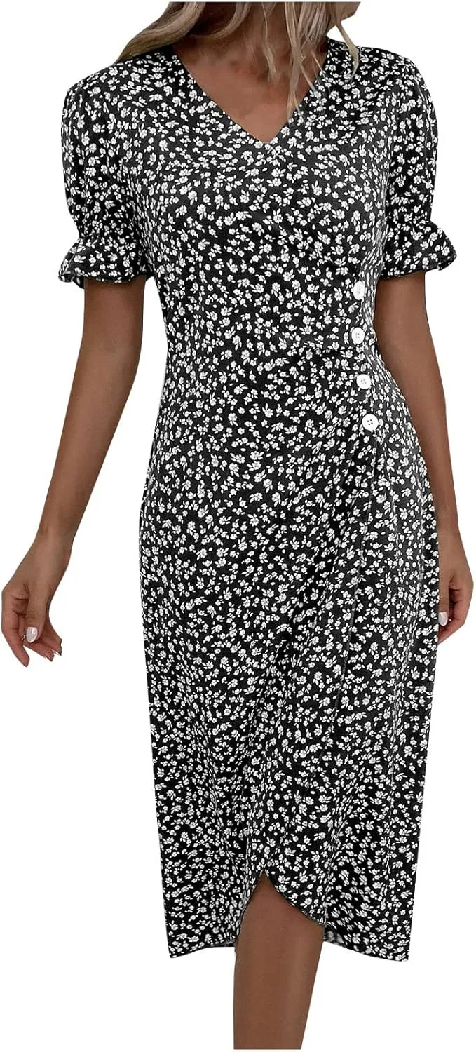 Beach Dresses for Women,2024 Summer Elegant Trendy V Neck Boho Floral Dress,Romantic Flowy Ruched Hawaiian Maxi Dress